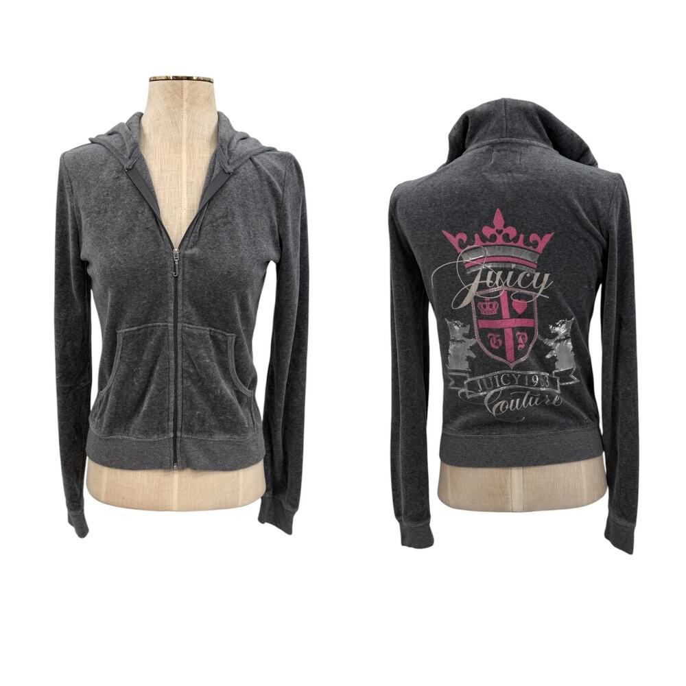 Vintage Juicy‎ Couture Crest Zip Up Hoodie Gray Pink Graphic Y2K Size Medium